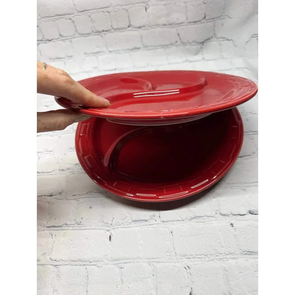 Longaberger Pottery Woven Traditions Red Tomato Divided Dinner Plate 10